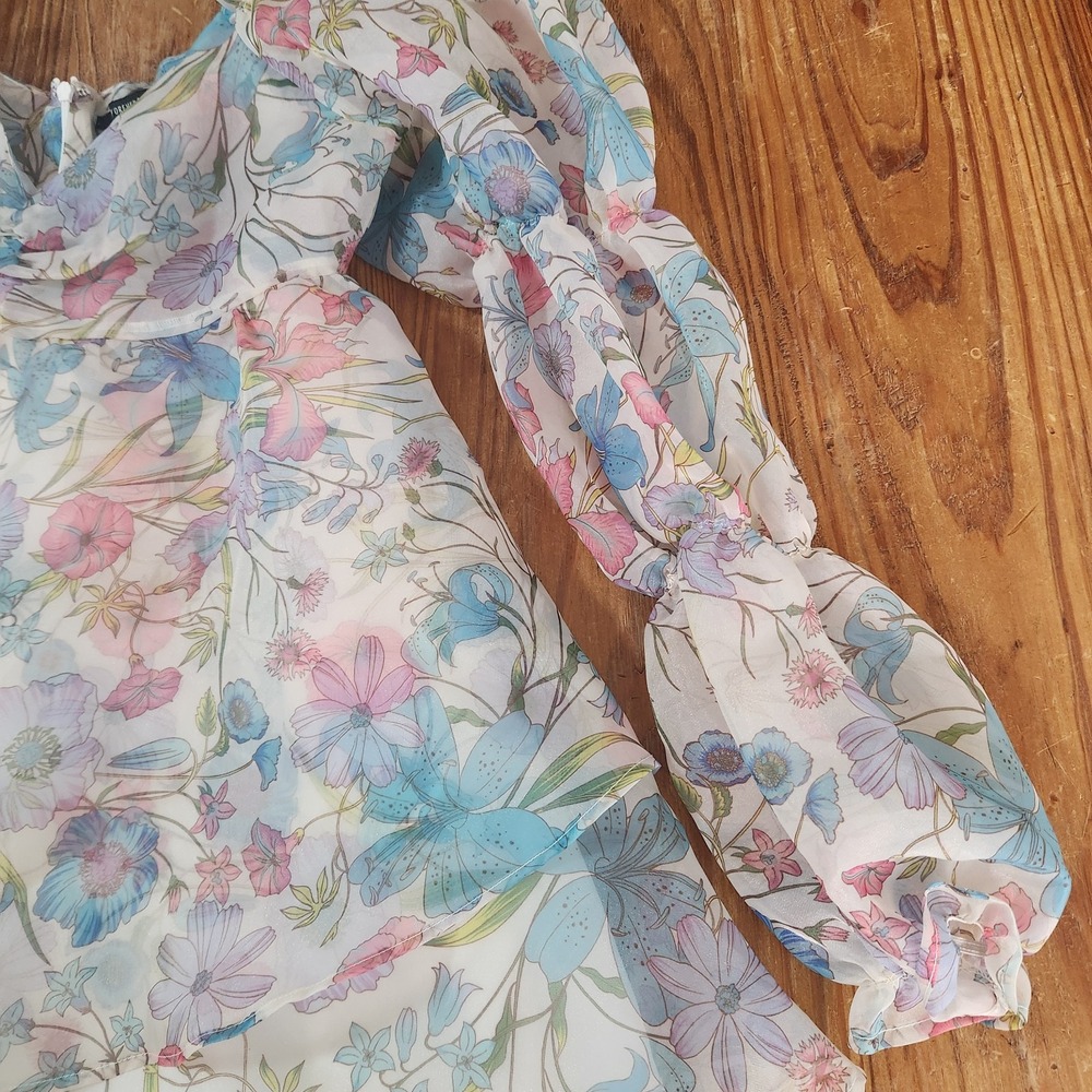 Forever 21 Floral Pastel Organza Puff Sleeve Babydoll Mini Dress Vtg Y2K Medium - Picture 9 of 16